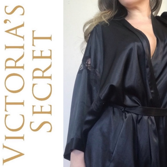 Vintage Victoria’s Secret Black Satin & Lace Belted Kimono Dressing Gown Robe M - Picture 6 of 13